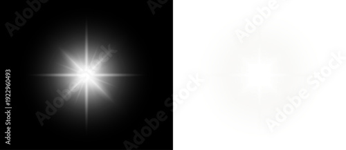 Glow white sparkle star light on silver festive background with bright shine beam flare burst magic glitter rays isolated on black transparent backdrop.