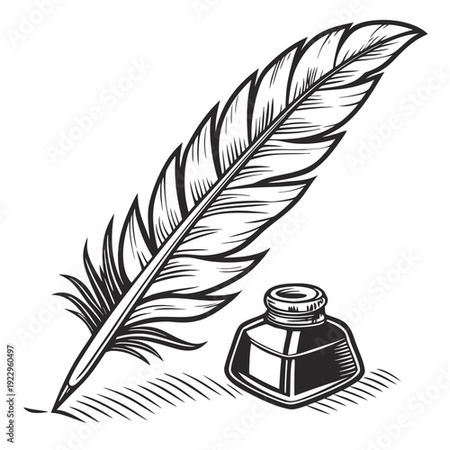 An illustration of a quill pen and inkwell on a surface viewed from a slight angle