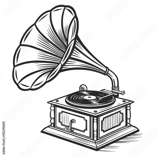 Vintage gramophone playing records in a classic illustration style from a front viewpoint