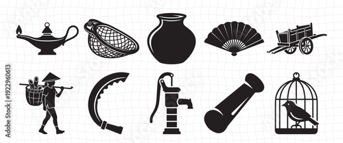 Rural Village Heritage Lifestyle Silhouettes Bundle – Traditional Farming Tools, Water Pump, Bullock Cart, Diya Lamp and Cultural Household Vector Set