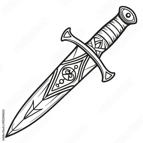 An ornate dagger with intricate designs on its blade and hilt is illustrated in a detailed line drawing