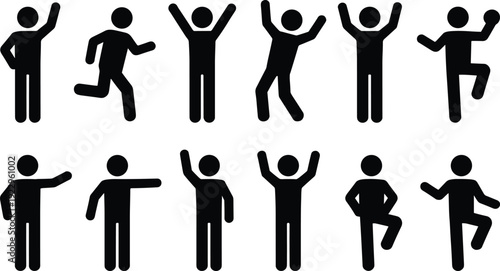 Collection of stick figure icons showing human body movements, running, jumping, waving and dancing poses isolated on white background for fitness and activity concepts