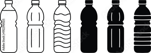 Set of plastic water bottle silhouettes and outline icons isolated on white background, reusable drink container shapes, black vector illustration for packaging design mockup