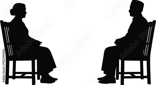 Silhouette of man and woman sitting face to face on chairs, social distancing concept, conversation or interview scene isolated on white background vector illustration