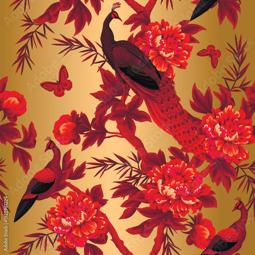 Chinoiserie peacock seamless pattern with red flowers oriental vintage wallpaper design