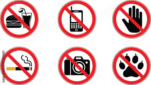 Six prohibition signs for food phone gestures smoking camera and pets