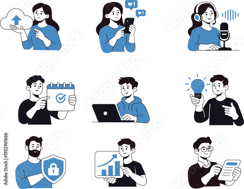 Set of modern flat style illustrations of people using digital technology. Business communication, social media, analytics, online work, security and productivity concepts in blue color theme.