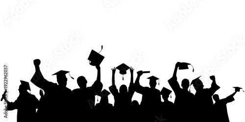 Graduating students celebrating success throwing graduation caps. Crowd of silhouettes. Vector illustration.