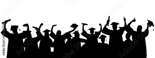 Graduating students celebrating success throwing graduation caps. Crowd of silhouettes. Vector illustration.