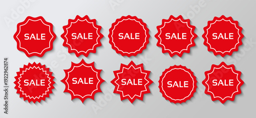 Set of red discount promo stamps. Product tag labels. Sale price stickers. Star burst boxes. Starburst shapes. Circle, round splash badges. Vector illustration.