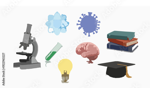 3D school science education icons set with microscope atom virus books brain light bulb and graduation cap isolated on white