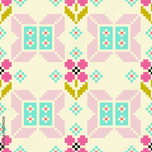 Floral Pixelated Pattern: An eye-catching pixel pattern with repeat flowers and design elements in vivid colors, bringing a fresh, modern feel to any project or design.