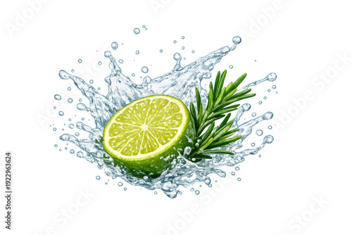 Fresh lime and rosemary creating a refreshing water splash, symbolizing hydration, cool drinks, and natural detox