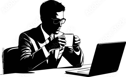 Businessman drinking coffee while working on laptop silhouette vector.