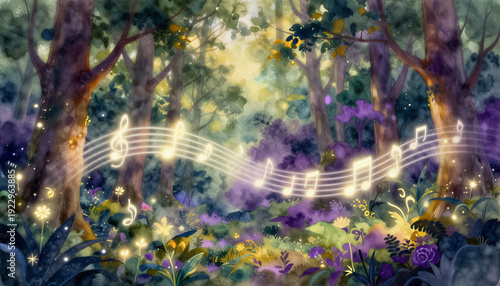 Enchanted forest with musical notes and vibrant flowers in spring  