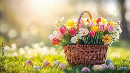 Wallpaper Mural Easter basket with colorful flowers and decorated eggs in spring field Torontodigital.ca