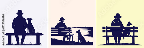Person Sitting on Bench with Dog Silhouette Bundle Featuring Park, Garden, Riverside, Urban, and Nature Scenes for Outdoor Lifestyle, Pet, and Relaxation Vector Design