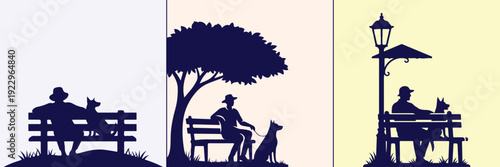 Person Sitting on Bench with Dog Silhouette Bundle Featuring Park, Garden, Riverside, Urban, and Nature Scenes for Outdoor Lifestyle, Pet, and Relaxation Vector Design