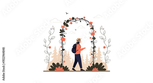 Woman hiker walks through floral archway in pine forest, adventure and nature