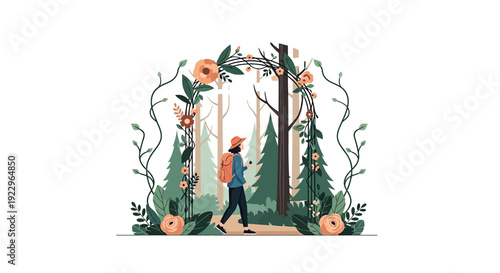 Woman Hiker Enters Enchanted Forest Through Floral Archway