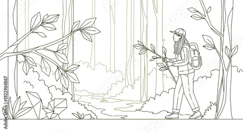 Woman hiking in lush forest, exploring nature, line art illustration