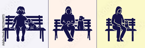 Person Sitting on Bench with Dog Silhouette Bundle Featuring Park, Garden, Riverside, Urban, and Nature Scenes for Outdoor Lifestyle, Pet, and Relaxation Vector Design