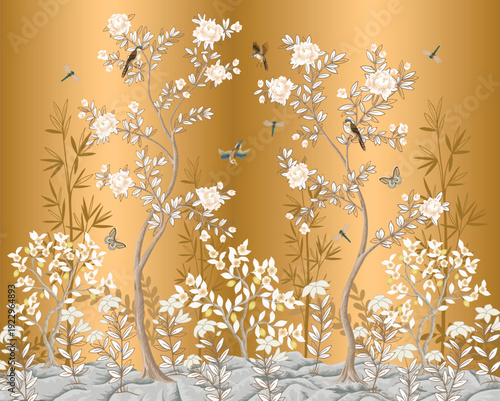 Chinoiserie vector mural with blooming trees birds insects on elegant golden oriental background