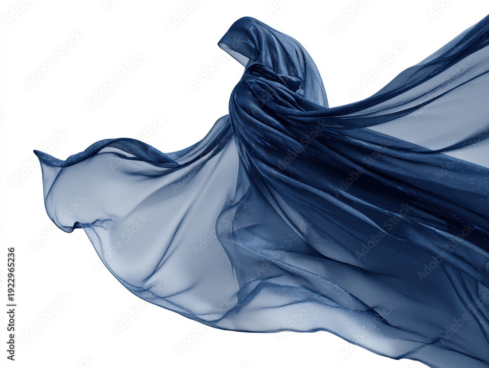 Naklejka premium Floating midnight blue transparent veil, haute couture quality, cinematic lighting, minimalist white background, realistic abstraction, dynamic movement, silk or similar material, rippl - AI-Generated