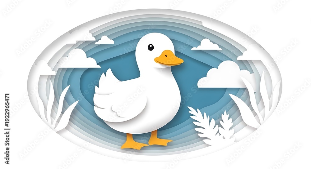 Fototapeta premium A cartoon duck standing in a serene landscape with clouds and grass
