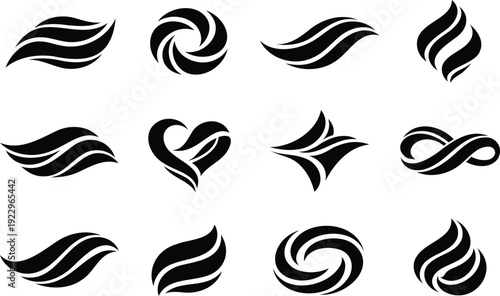 Collection of abstract black organic shapes and symbols on white background