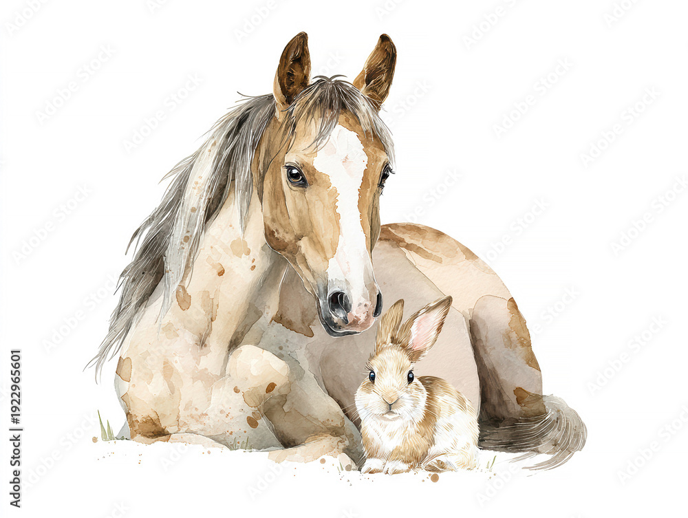 Obraz premium A watercolor illustration showcasing an Andalusian horse and its foal in a serene setting The larger adult horse lies down, its rich brown fur contrasting with the lighter foal that ne - AI-Generated