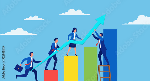 Business team pushing up growth arrow on bar chart vector illustration. Four people collaborating to increase sales and achieve financial success. Flat style with blue sky background.