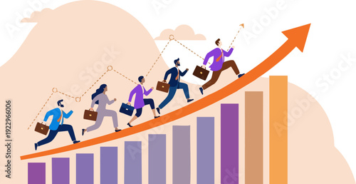 Business people running up an orange growth arrow over a bar chart, symbolizing career advancement and success