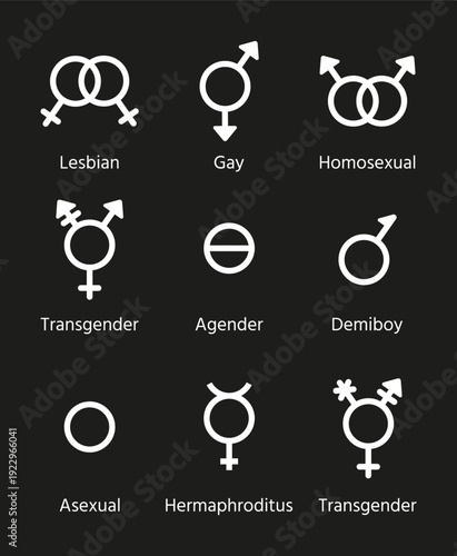 Gender wedlock symbols. Set outline white icons isolated on black background. Male, female, transgender, gay and other orientation signs. Vector illustration. Sexual concept.