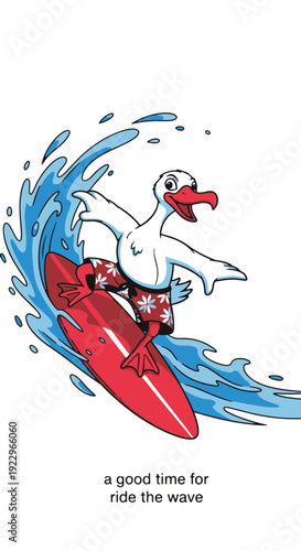 Whimsical Black Duck Mascot in Hawaiian Shorts Surfing a Bright Red Surfboard on a Crashing Blue Wave