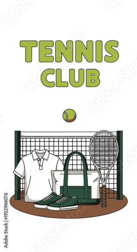 Tennis Club Equipment and Apparel Arranged Neatly on a Court Surface Before a Net