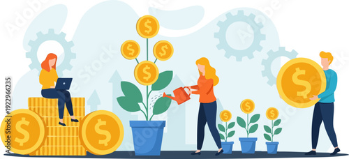 Investment growth and financial management vector illustration with people watering money trees and stacking coins