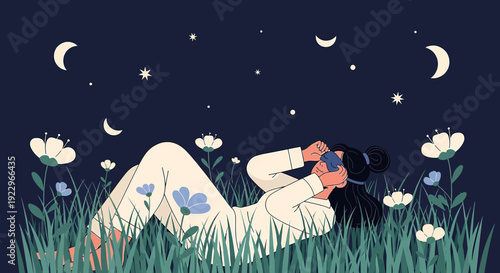 Woman Gazing at Night Sky with Moon and Stars from Flower Field