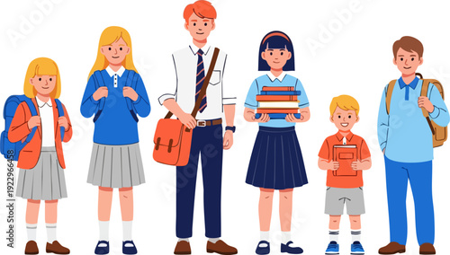 Diverse group of 6 students in school uniforms, from elementary to high school, carrying backpacks and books. Created in flat cartoon style with a bright color palette.