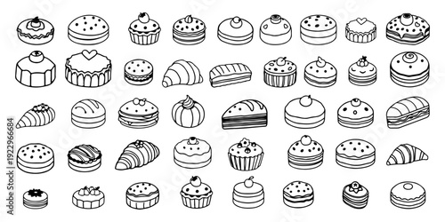 black and white pastry sticker sheet isolated desserts vector line art