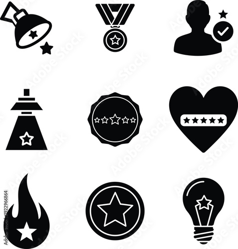A collection of black icons representing various awards and achievements on a white background.