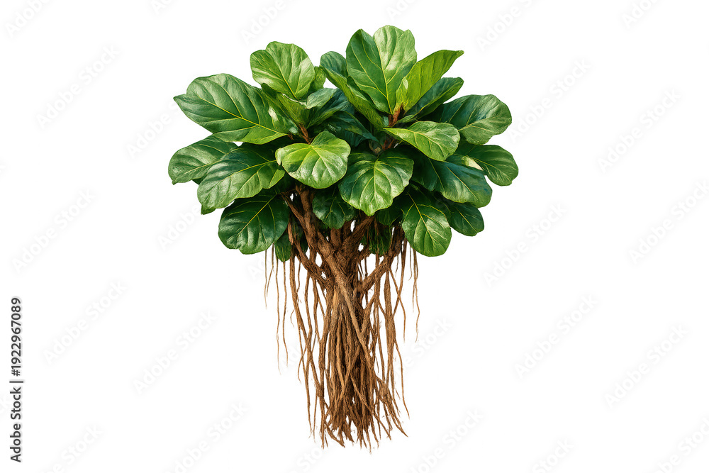 Fototapeta premium Banyan tree lush green foliage and aerial roots growing, symbolizing growth, tropical nature, and resilience on transparent background