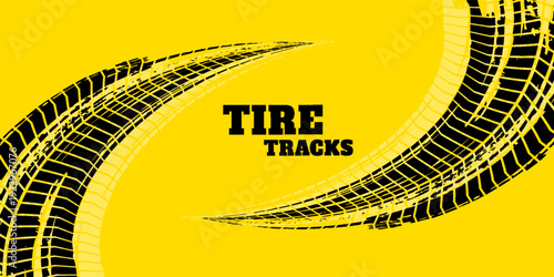 Rally racing sport grunge background, vector checkered flag and tire tracks road race pattern.