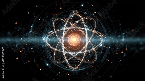 Glowing atomic structure with orbiting particles and energy bursts