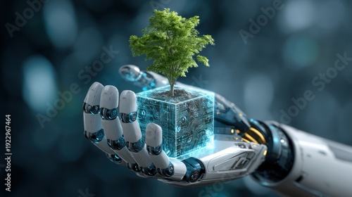 Robotic hand gently cradles a small tree in a glowing cube
