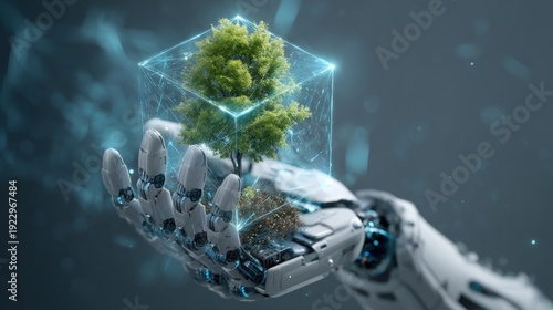 Robotic hand gently cradles a vibrant tree enclosed in a digital cube, symbolizing technological preservation of nature