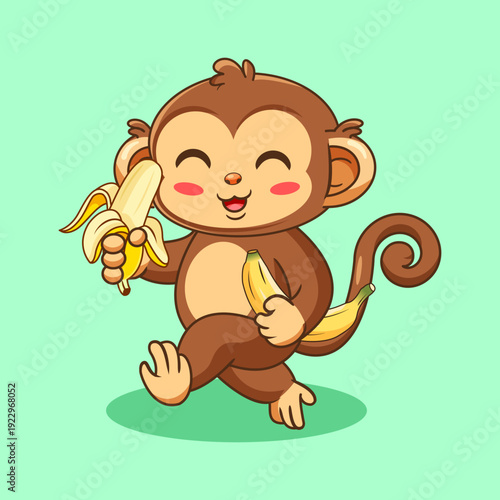Happy Cartoon Monkey Walking while Enjoying Bananas Vector Illustration Cartoon Design Kawaii