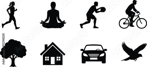 Collection of everyday life and nature icons in silhouette