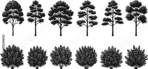 Set of tree and bush silhouettes, forest landscape elements collection, botanical nature shapes, minimal flat vector illustration pack