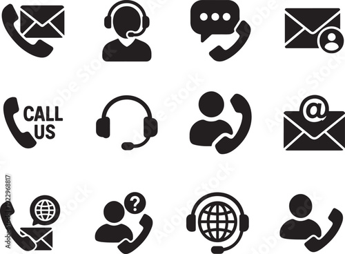Contact us icon set with phone email chat location symbols for website and support design use.